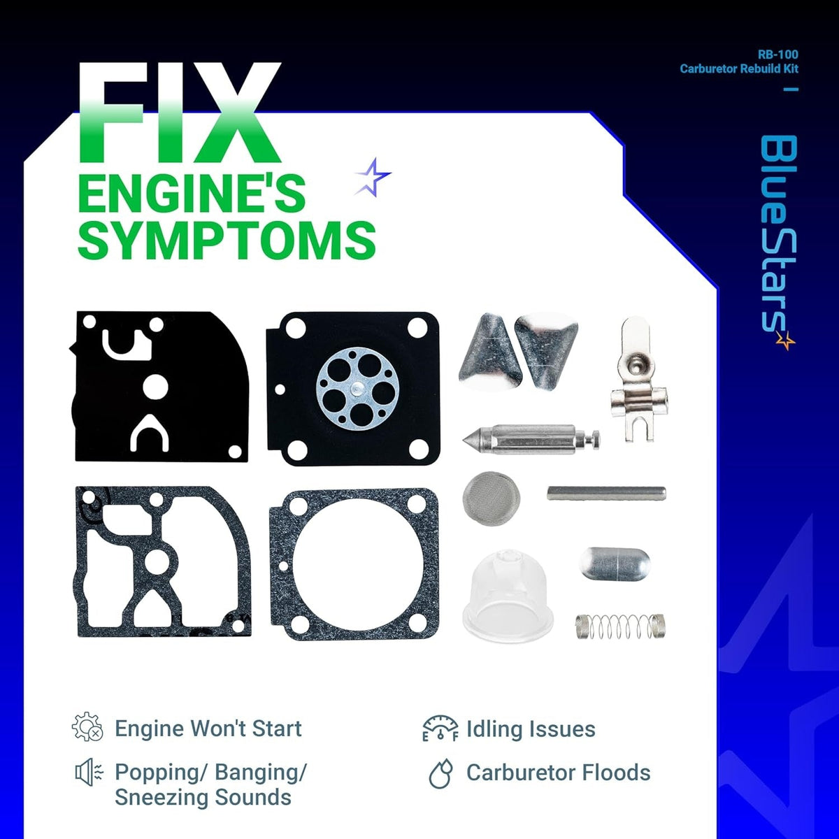 RB-100 carburetor rebuild kit components including gaskets, diaphragms, primer bulb, and needle valve for Zama carburetors.