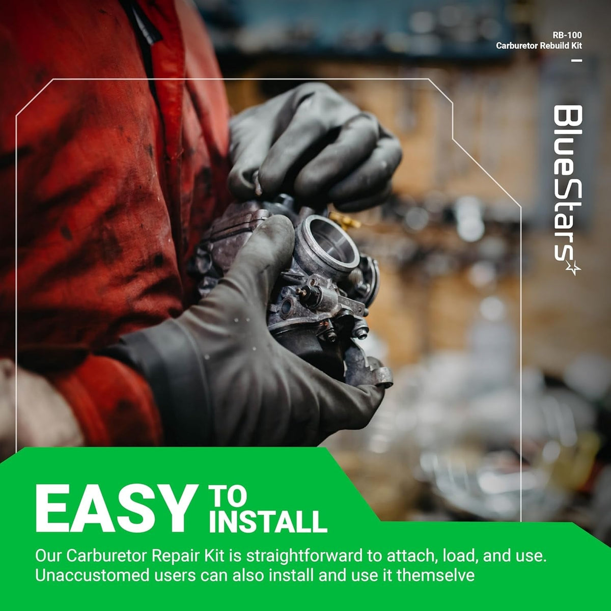 Mechanic holding a carburetor for RB-100 rebuild kit installation on Stihl and Zama equipment.