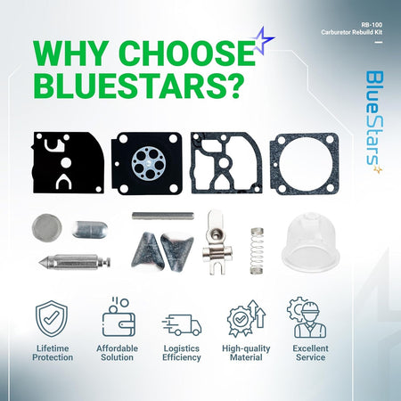 BlueStars RB-100 carburetor rebuild kit components including gaskets, diaphragms, primer bulb, and small engine parts.
