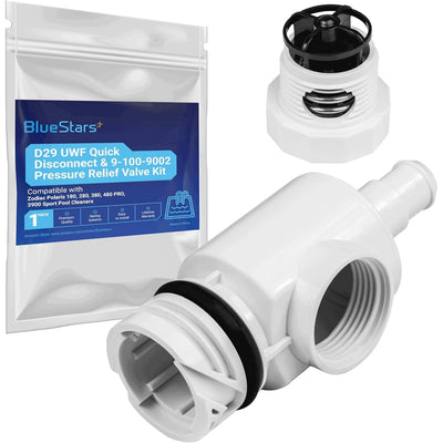 D29 quick disconnect and 9-100-9002 pressure relief valve replacement kit for Polaris pool cleaners with packaging.