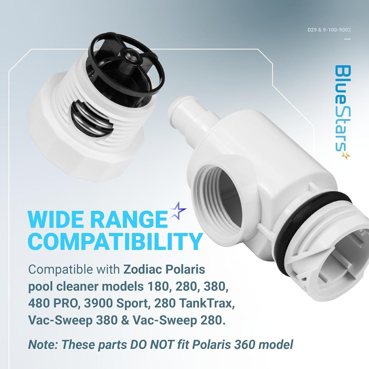 D29 UWF quick disconnect and 9-100-9002 pressure relief valve replacement parts for Polaris pool cleaners.