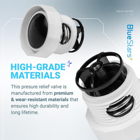 9-100-9002 pressure relief valve replacement for Polaris pool cleaners showing front and side views.