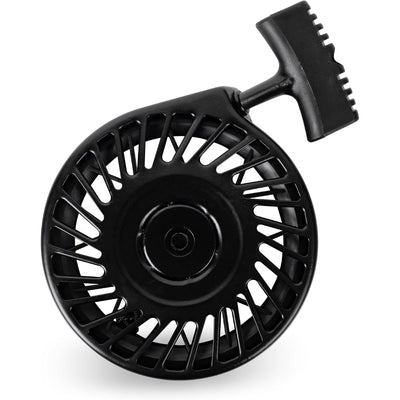 Black recoil starter assembly for Tecumseh engines with pull handle, isolated on white background.