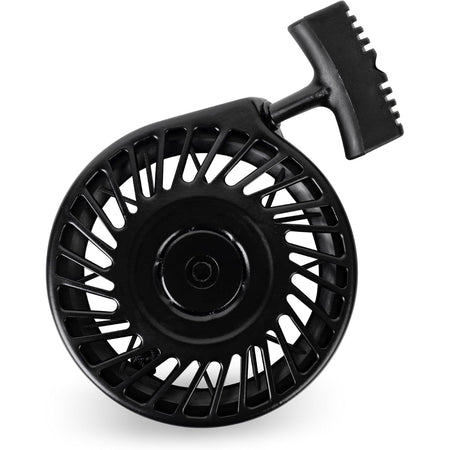 Black recoil starter assembly for Tecumseh engines with pull handle, isolated on white background.