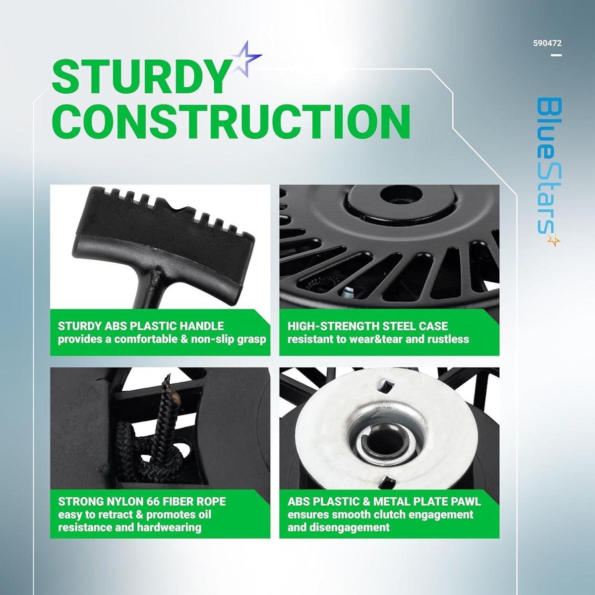 Infographic showing construction details of 590472 recoil starter assembly for Tecumseh engines.