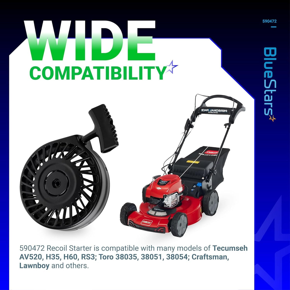 Recoil starter assembly for Tecumseh engines shown with a compatible Toro lawn mower.