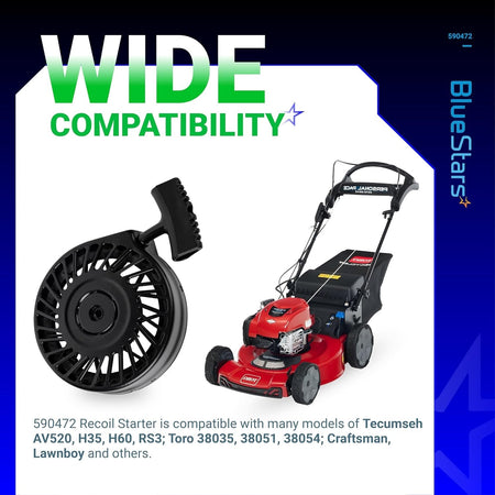 Recoil starter assembly for Tecumseh engines shown with a compatible Toro lawn mower.