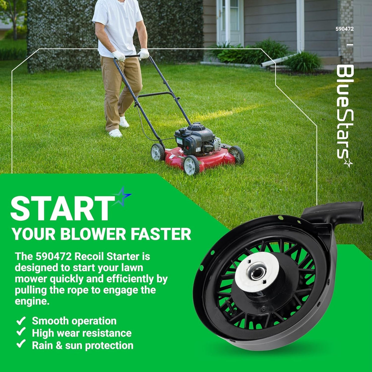 590472 Recoil Starter Assembly for lawn mowers shown with product features and a person mowing the lawn.