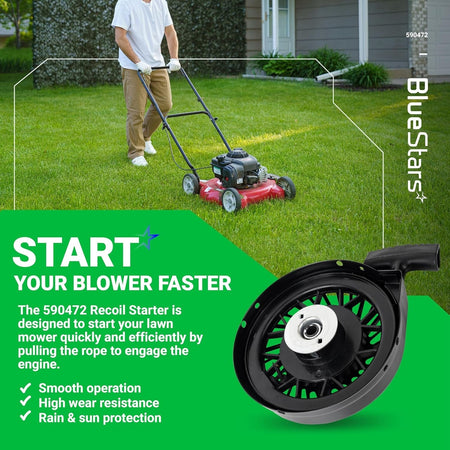 590472 Recoil Starter Assembly for lawn mowers shown with product features and a person mowing the lawn.