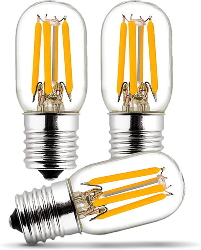Three E17 T7 LED filament bulbs with clear glass and 2W 120V base.