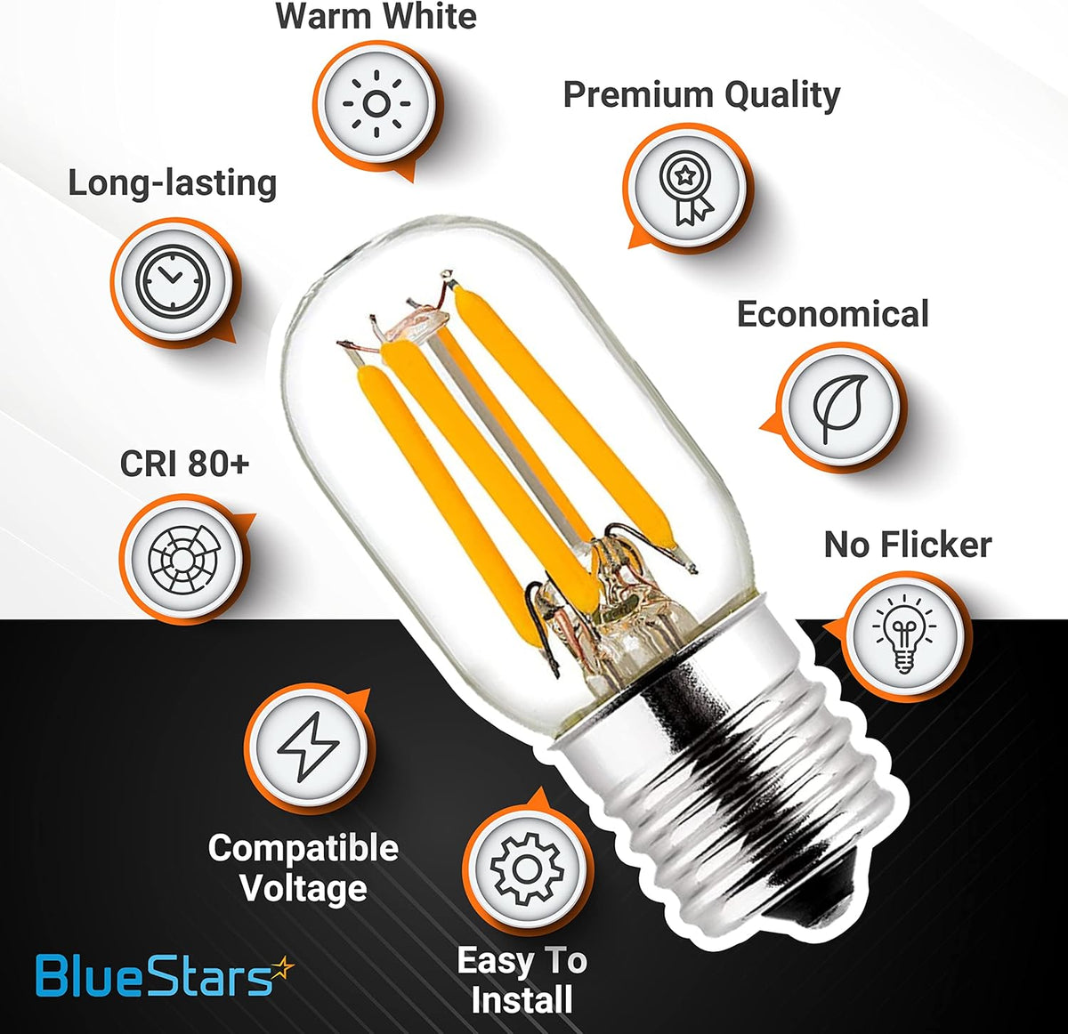 E17 T7 LED bulb 2W 120V with infographic highlights showing features like warm white light, long life, and no flicker.