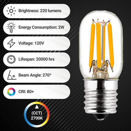 Single E17 T7 LED filament bulb with technical specifications infographic showing 2W, 120V, and 2700K color temperature.