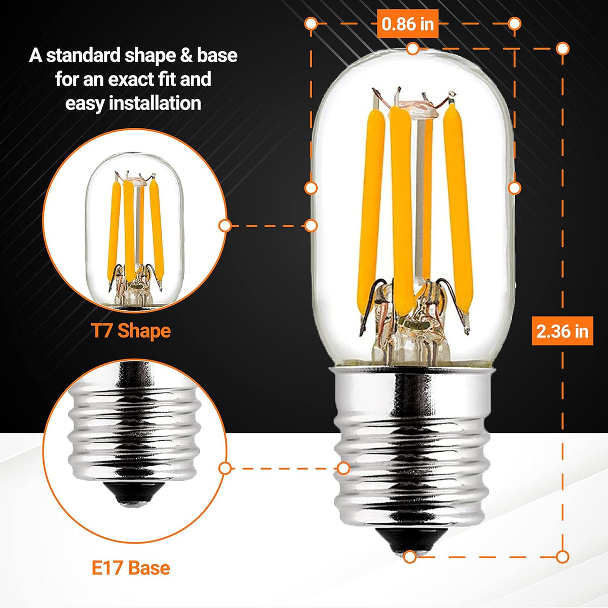 E17 T7 LED bulb dimensions diagram showing T7 shape and E17 base measurements.