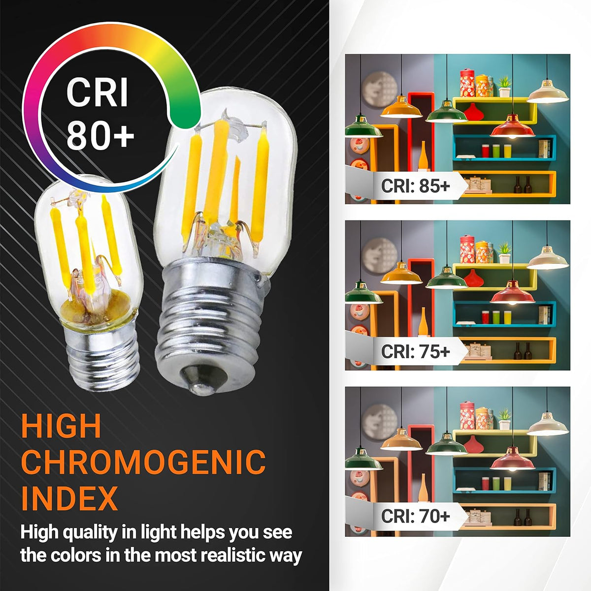 E17 T7 LED bulb infographic showing 80+ CRI color rendering comparison and filament design.
