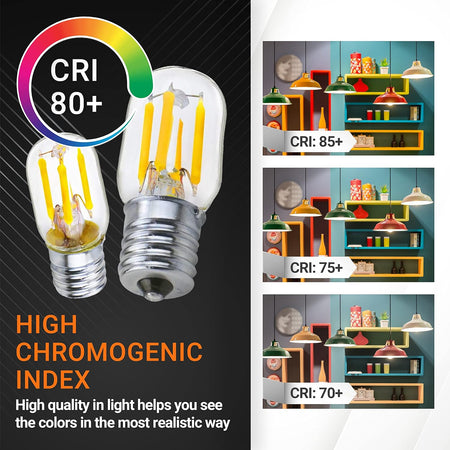E17 T7 LED bulb infographic showing 80+ CRI color rendering comparison and filament design.