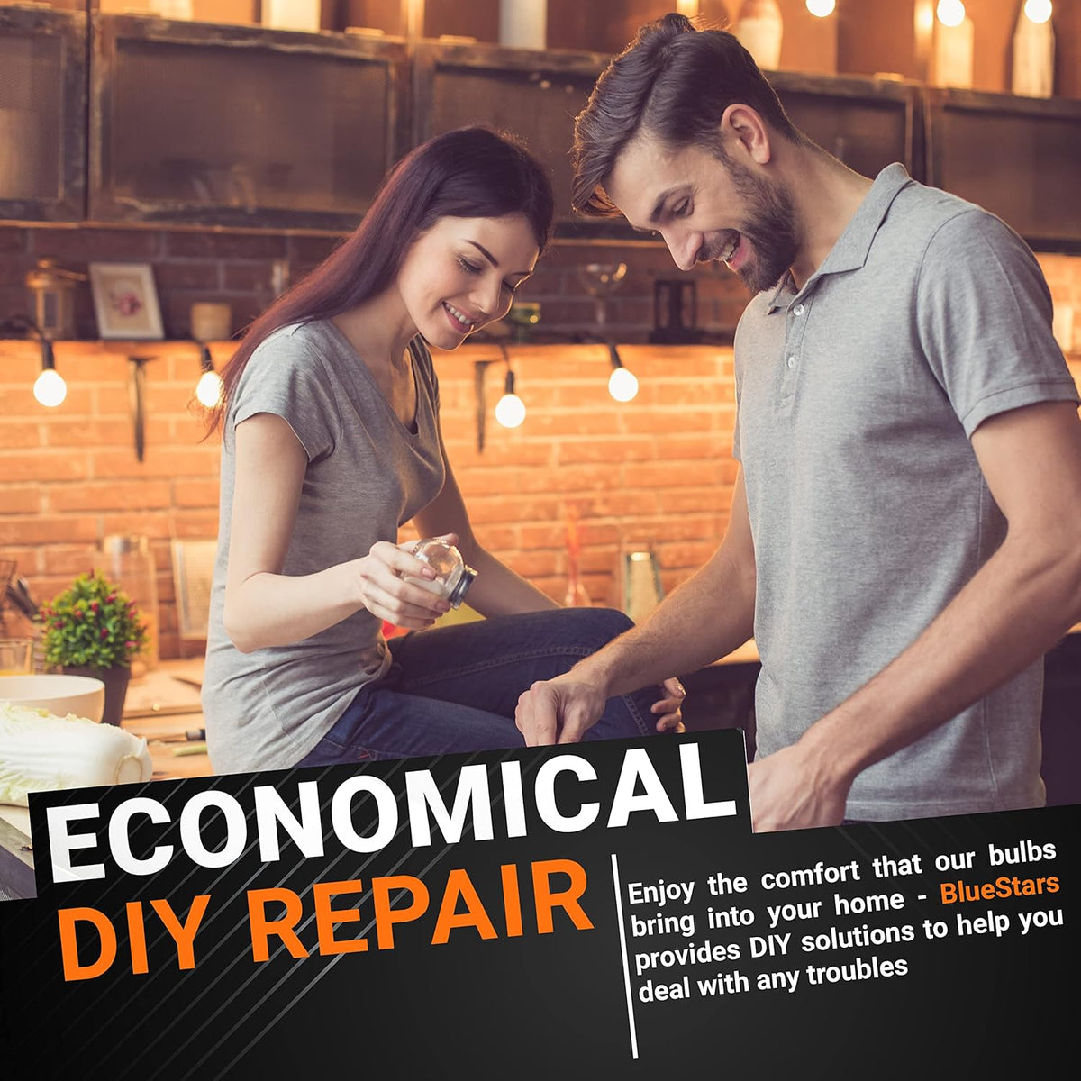 Couple in a kitchen with warm lighting, promoting E17 T7 LED bulb DIY repair solutions.