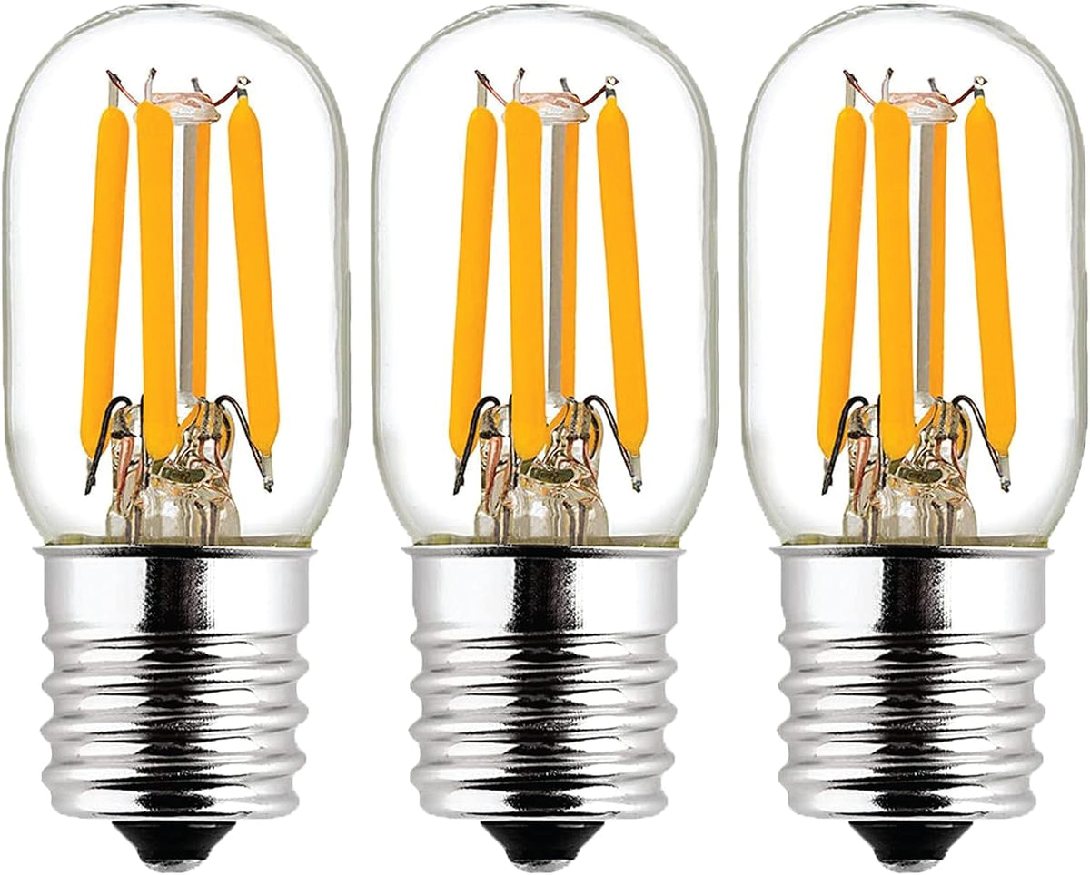 Three E17 T7 LED filament bulbs with clear glass and 2W 120V base.