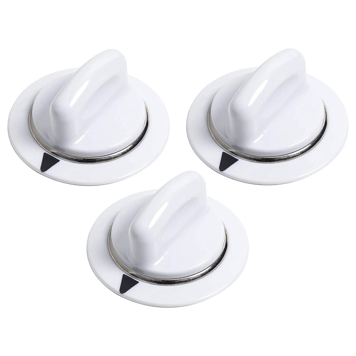 Three white WE1M654 dryer timer knobs with metal rings for GE and Hotpoint dryers.