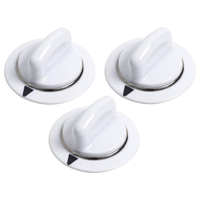 Three white WE1M654 dryer timer knobs with metal rings for GE and Hotpoint dryers.