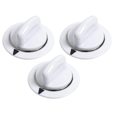 Three white WE1M654 dryer timer knobs with metal rings for GE and Hotpoint dryers.