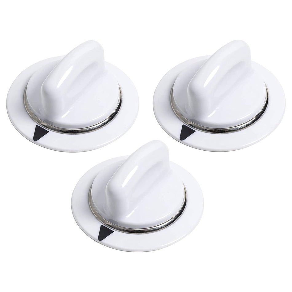 Three white WE1M654 dryer timer knobs with metal rings for GE and Hotpoint dryers.