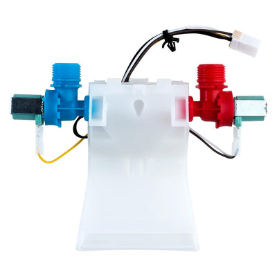 W10144820 washer water inlet valve with blue and red ports for Whirlpool and Kenmore washing machines.