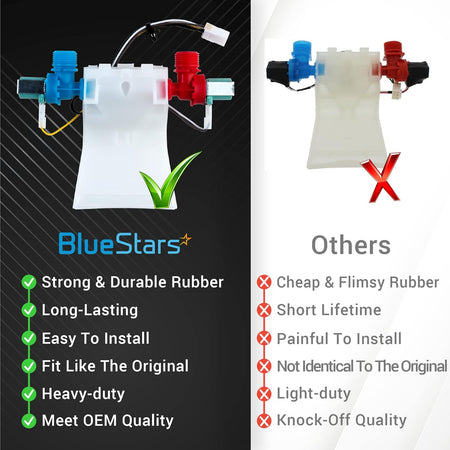 Comparison chart showing W10144820 washer water inlet valve quality versus generic alternatives.