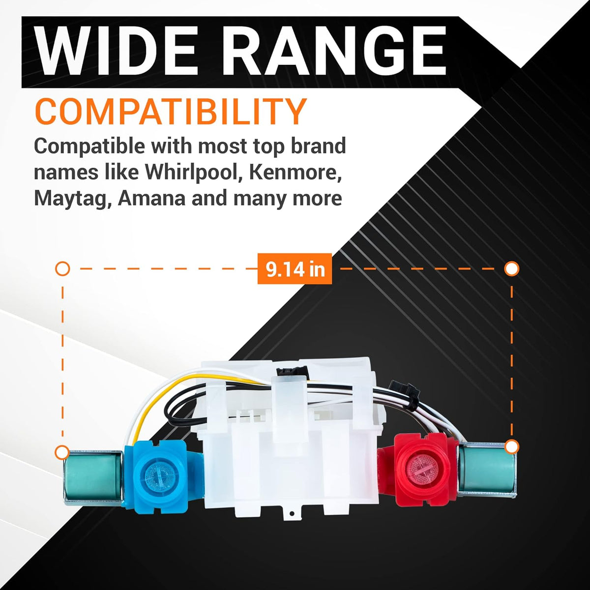W10144820 washer water inlet valve showing 9.14-inch width measurement and compatibility for Whirlpool and Kenmore.