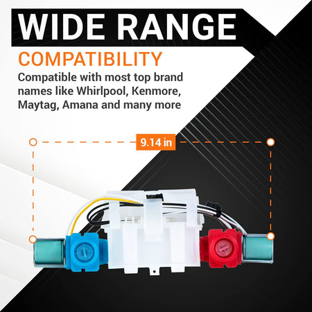 W10144820 washer water inlet valve showing 9.14-inch width measurement and compatibility for Whirlpool and Kenmore.