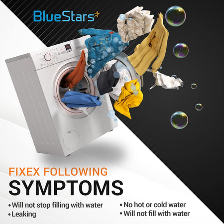 Graphic showing Whirlpool and Kenmore washer symptoms fixed by W10144820 water inlet valve replacement.