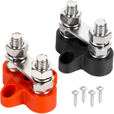 Two 5/16" M8 dual bus bar terminal blocks in red and black with four mounting screws.