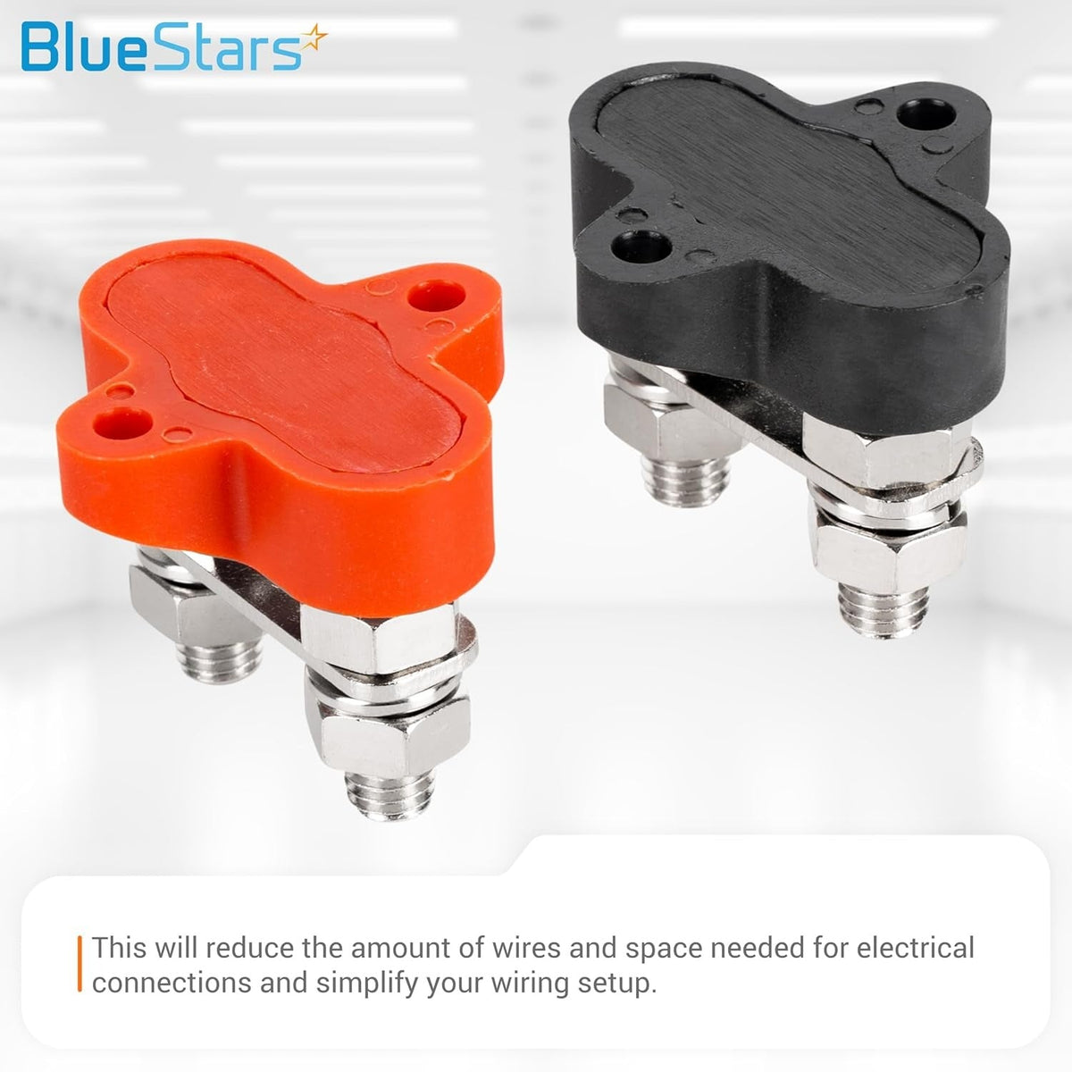 Two 5/16" M8 dual bus bar terminal blocks with red and black protective covers for electrical wiring.