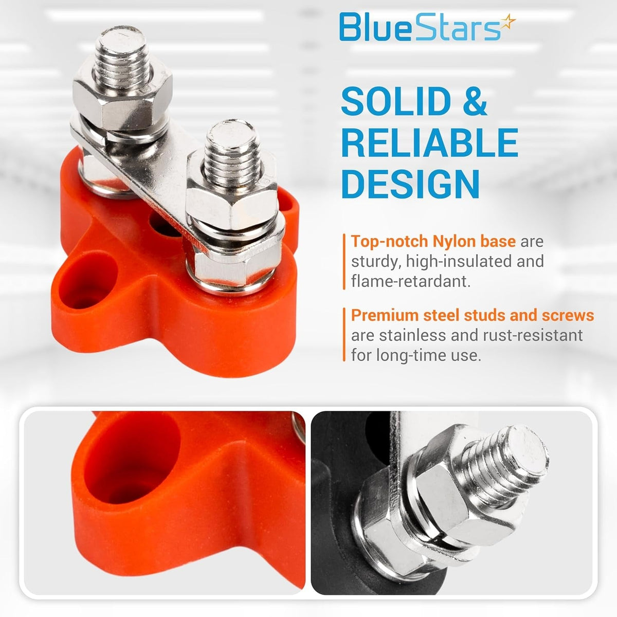 Close-up of a 5/16" M8 dual bus bar with a red nylon base and stainless steel studs, showing product design features.