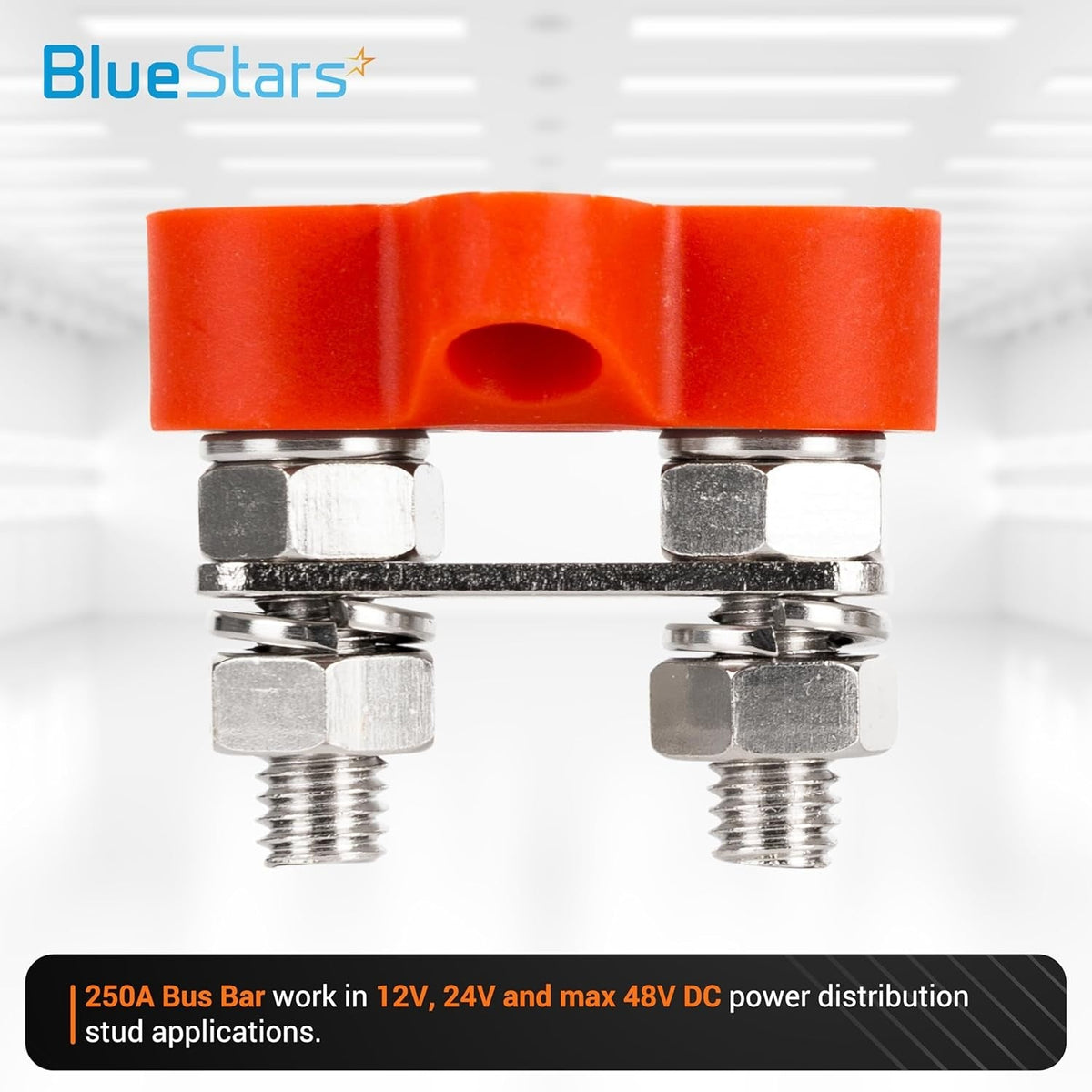 Close-up of a single 5/16" M8 dual bus bar with an orange base for 48V DC 250A power distribution.