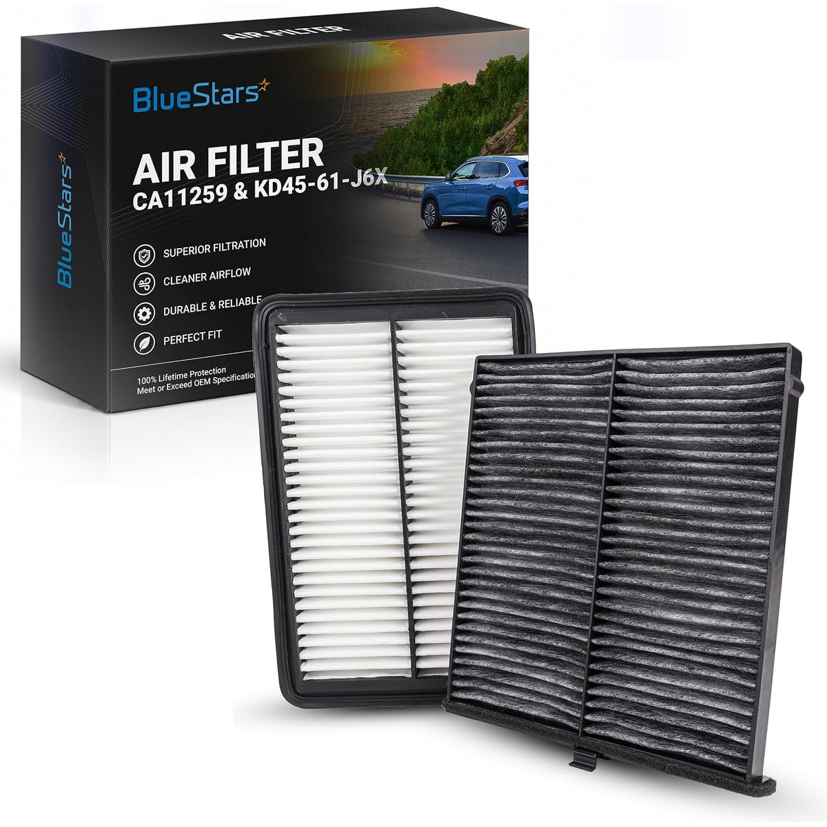 CA11259 & KD45-61-J6X Engine & Cabin Air Filter Combo, box with two pleated filters shown