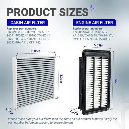 80292TFG01 / 17220-5AAA00 Engine & Cabin Air Filter Combo, product sizes diagram with labeled dimensions