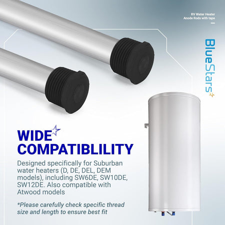 Two 9.25-inch magnesium anode rods with 3/4-inch NPT threads for Suburban and Atwood RV water heaters.