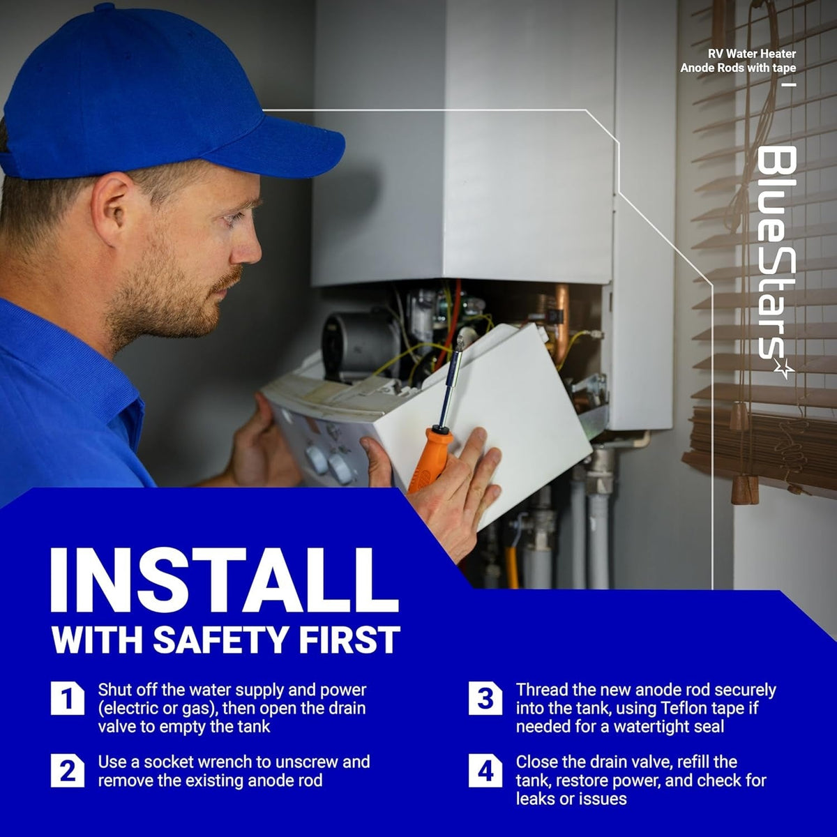 Instructional graphic showing a technician installing an RV water heater magnesium anode rod with safety steps.