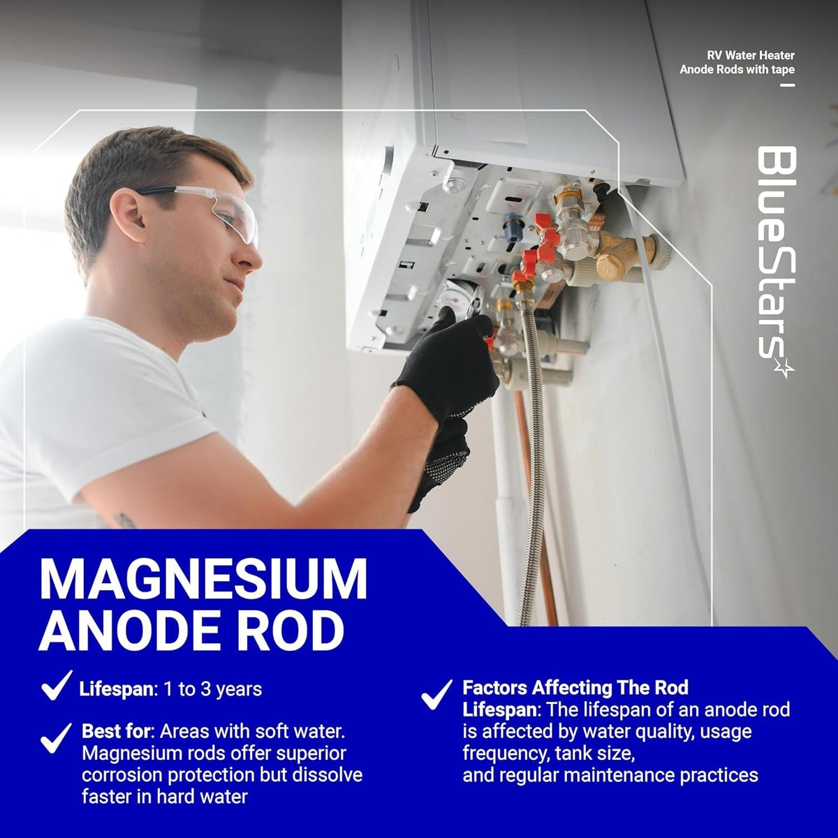 Technician installing a magnesium anode rod into an RV water heater with informational text overlay.