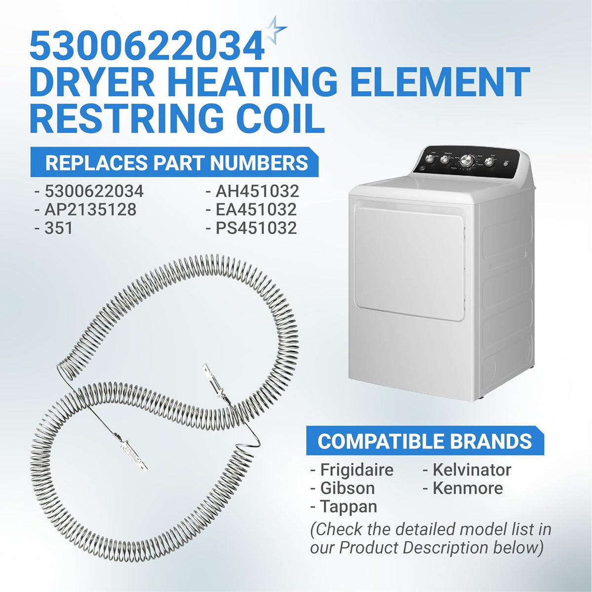 5300622034 Heating Element Restring Coil, coiled wire shown beside a dryer illustration with replacement part numbers