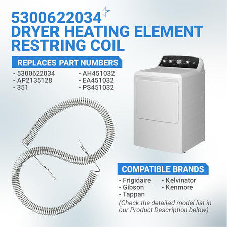 5300622034 Heating Element Restring Coil, coiled wire shown beside a dryer illustration with replacement part numbers