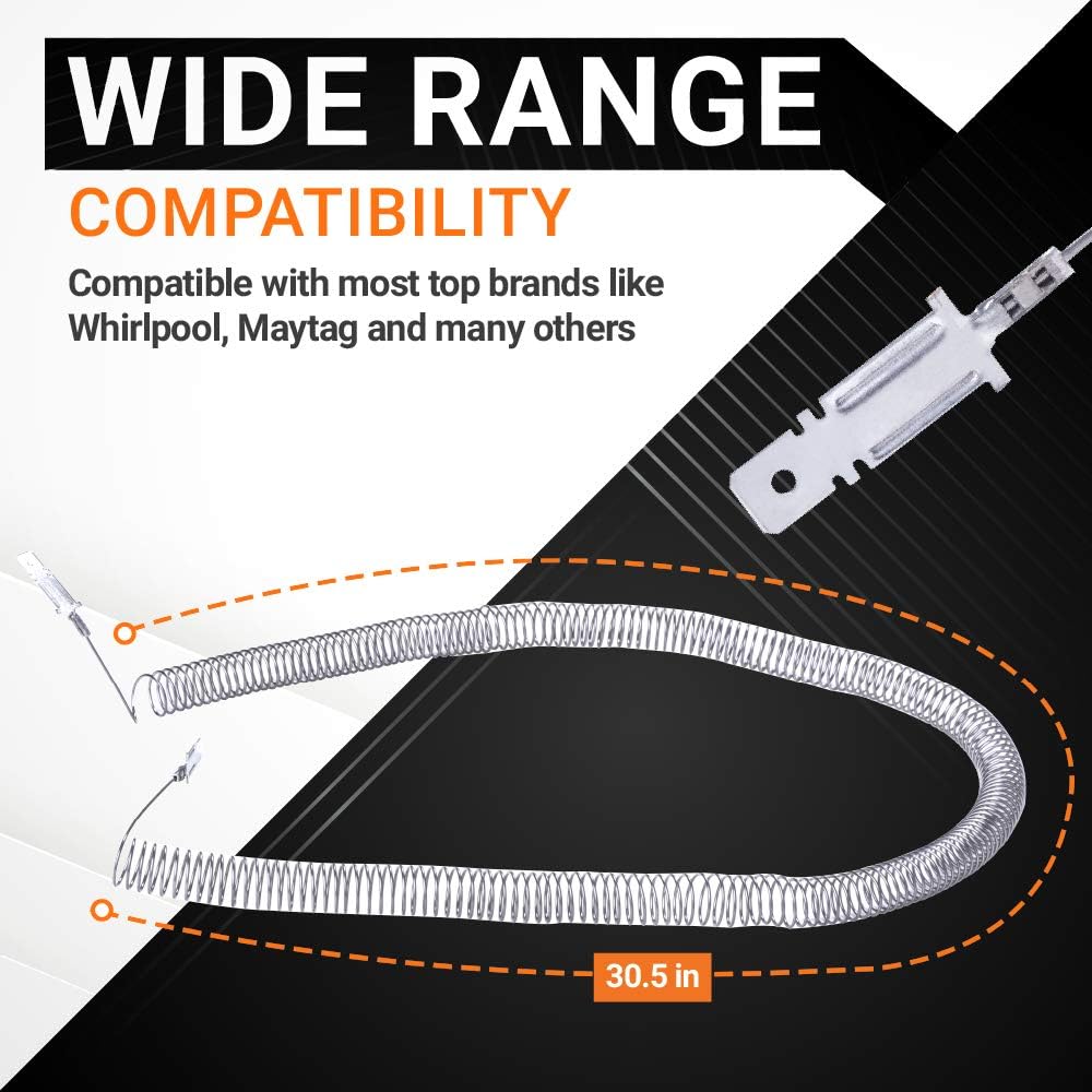 5300622034 dryer heating element restring coil showing 30.5-inch length and wide brand compatibility.
