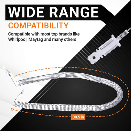 5300622034 dryer heating element restring coil showing 30.5-inch length and wide brand compatibility.