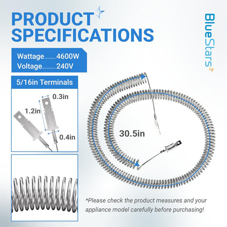 5300622034 Heating Element Restring Coil, specifications diagram with 4600W, 240V, 30.5-in coil and 5/16-in terminals