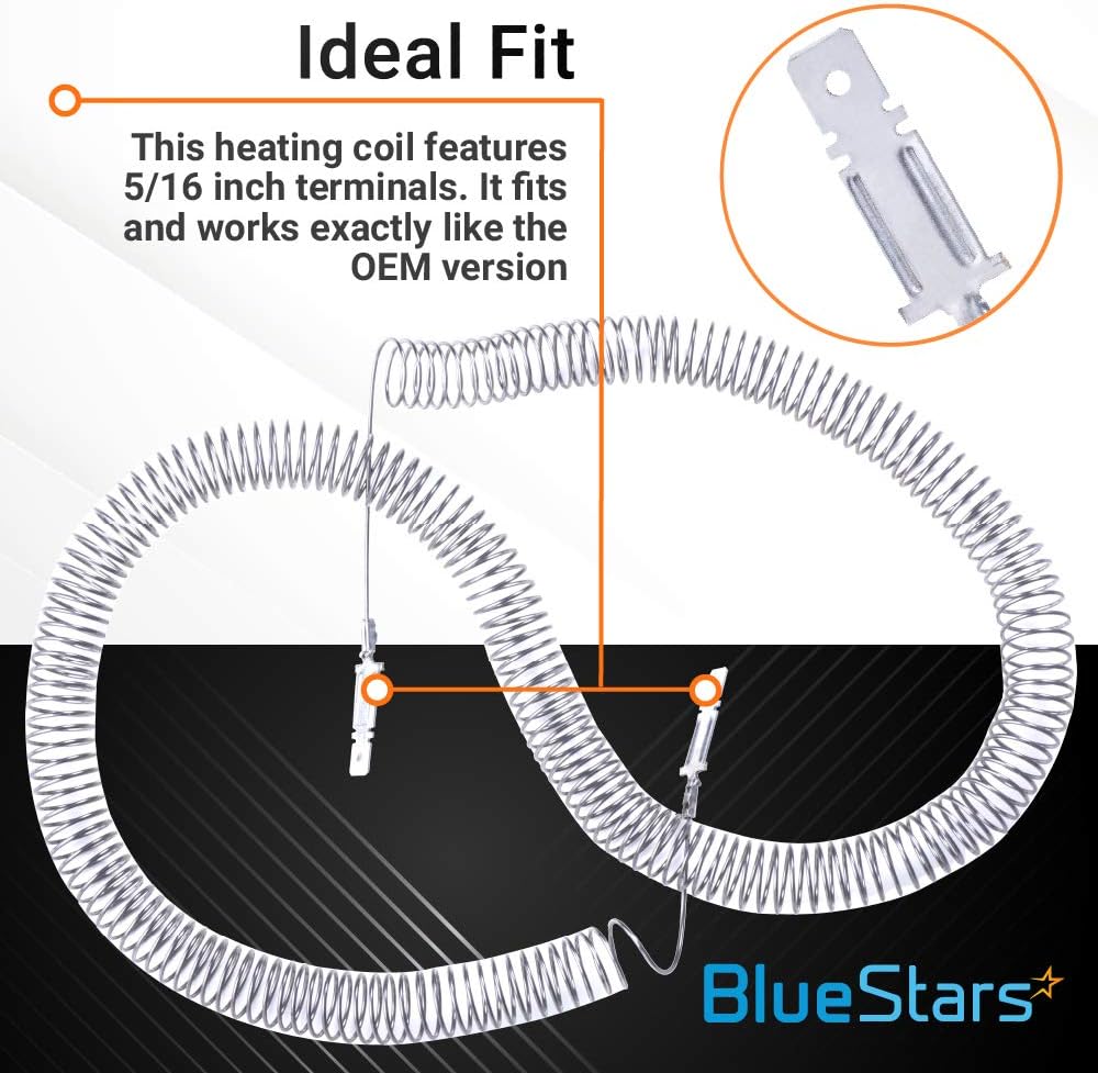5300622034 dryer heating element restring coil with 5/16 inch terminals and close-up view of connector.