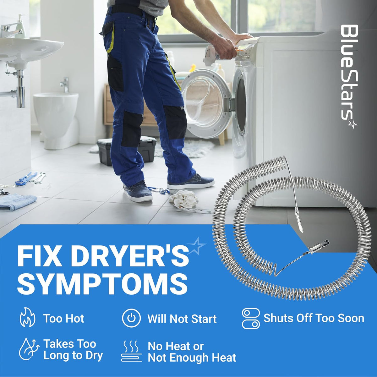 5300622034 Heating Element Restring Coil graphic with dryer technician, coiled element, and listed dryer symptoms