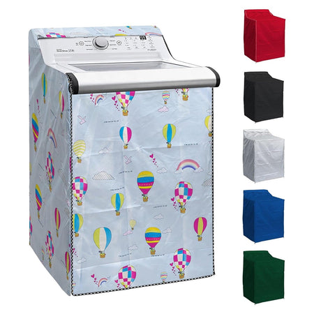 Top-load washing machine cover with colorful hot air balloon print and side color options.