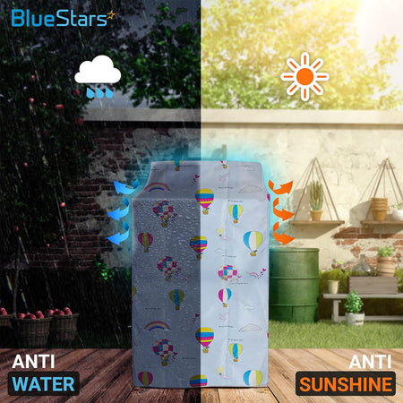 Balloon print top-load washing machine cover demonstrating waterproof and sun-resistant outdoor protection.