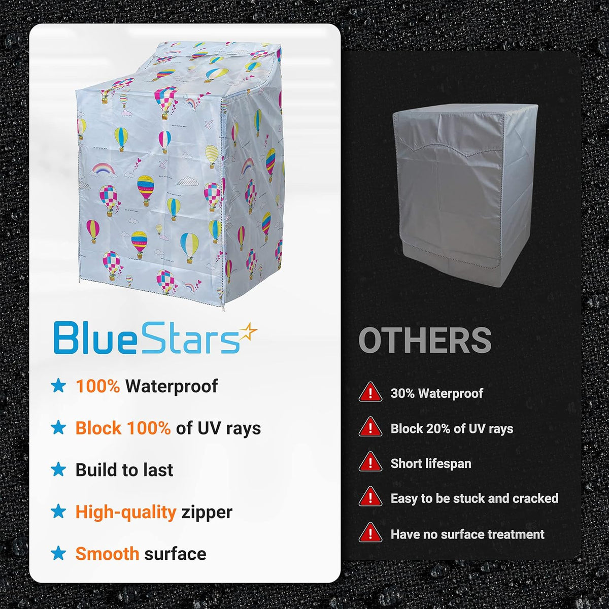 Comparison chart showing BlueStars top-load washing machine cover with balloon print versus a standard generic cover.