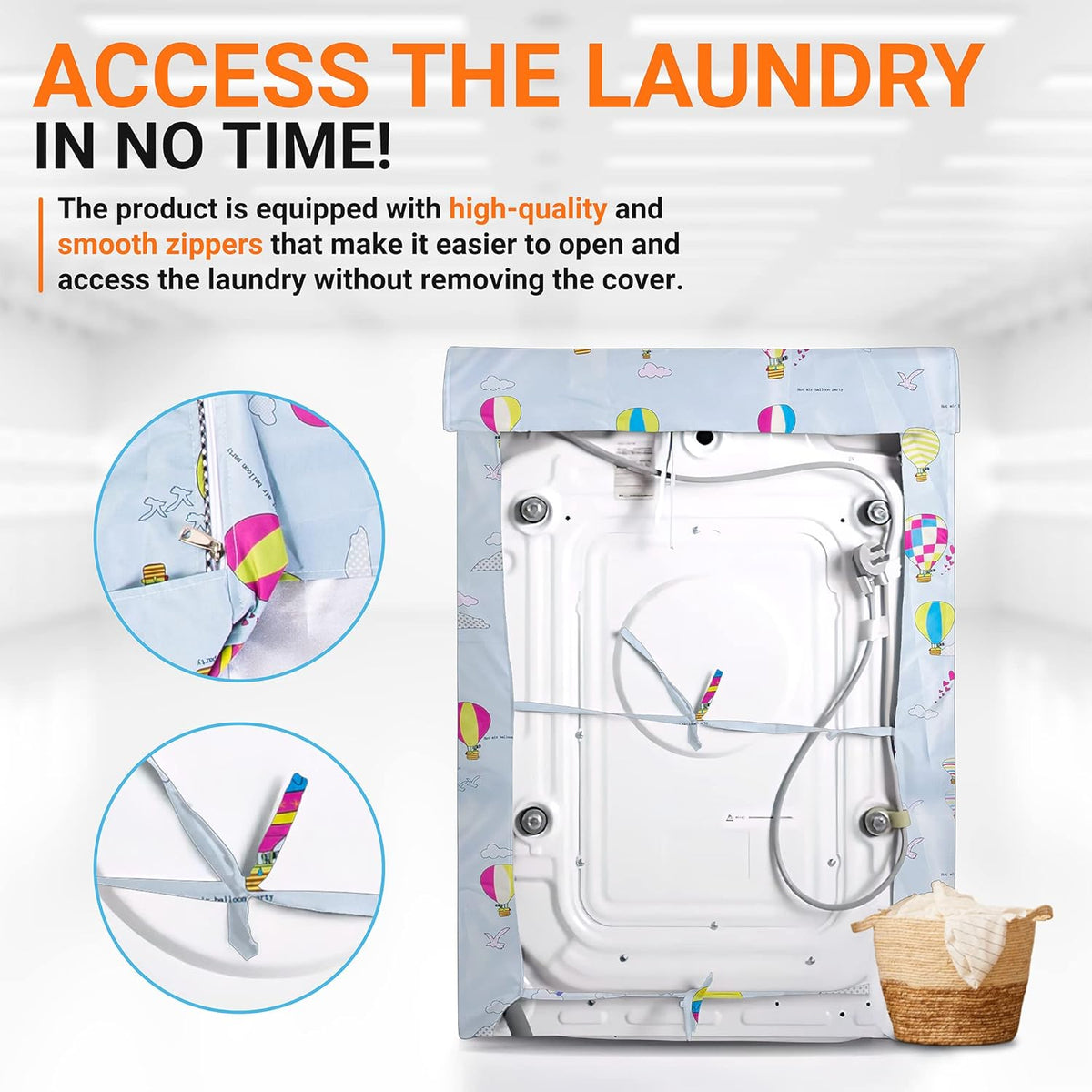 Top-load washing machine cover with zipper detail and tie-back straps for easy access.